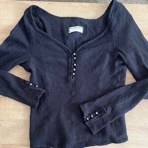 Free People Black Ribbed Blouse with Button Accents